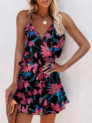 V-Neck Sleeveless Floral Print Suspender Dress Ins Street