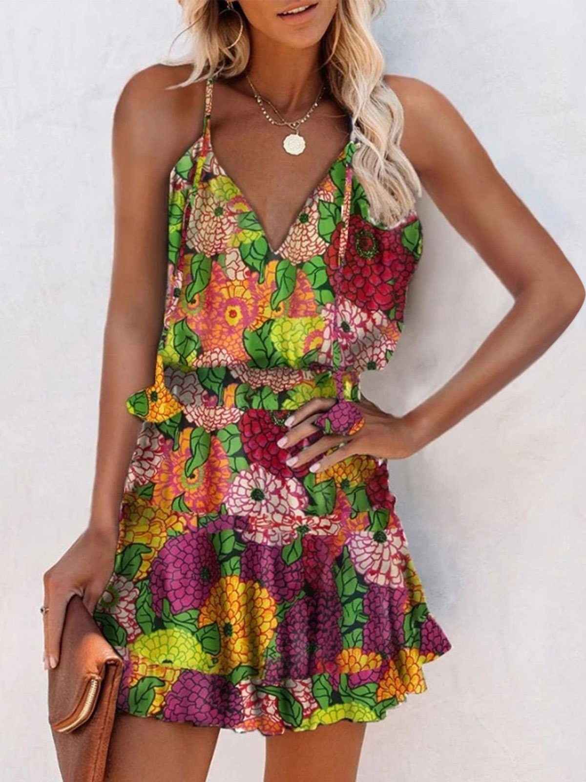 V-Neck Sleeveless Floral Print Suspender Dress Ins Street