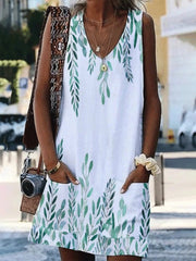 V-Neck Sleeveless Leaf Print Pocket Loose Dress Ins Street