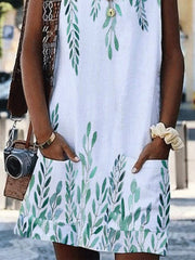 V-Neck Sleeveless Leaf Print Pocket Loose Dress Ins Street