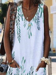 V-Neck Sleeveless Leaf Print Pocket Loose Dress Ins Street