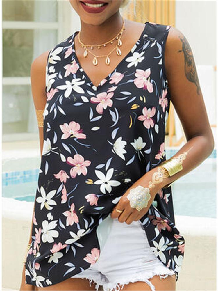 V-Neck Sleeveless Print Loose Casual Tank Tops Ins Street