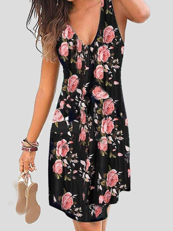 V-neck Sleeveless Print Mini Dress Ins Street