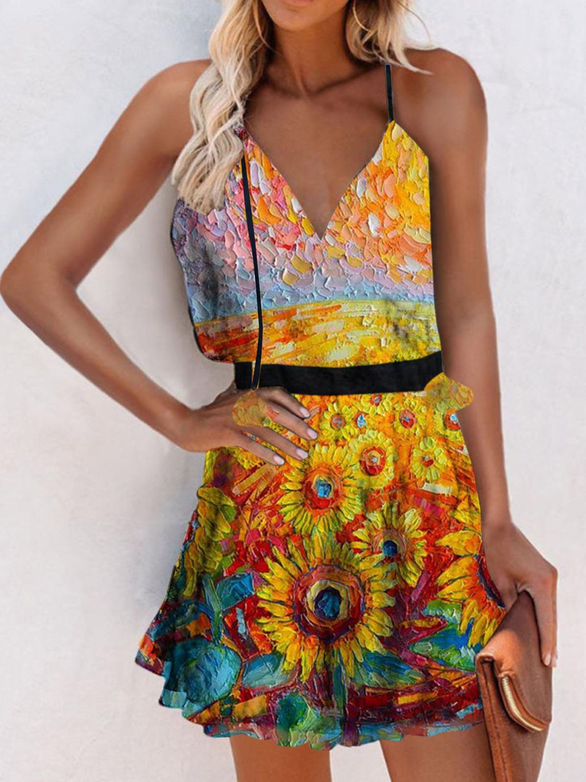 V-Neck Sleeveless Print Suspender Dress Ins Street