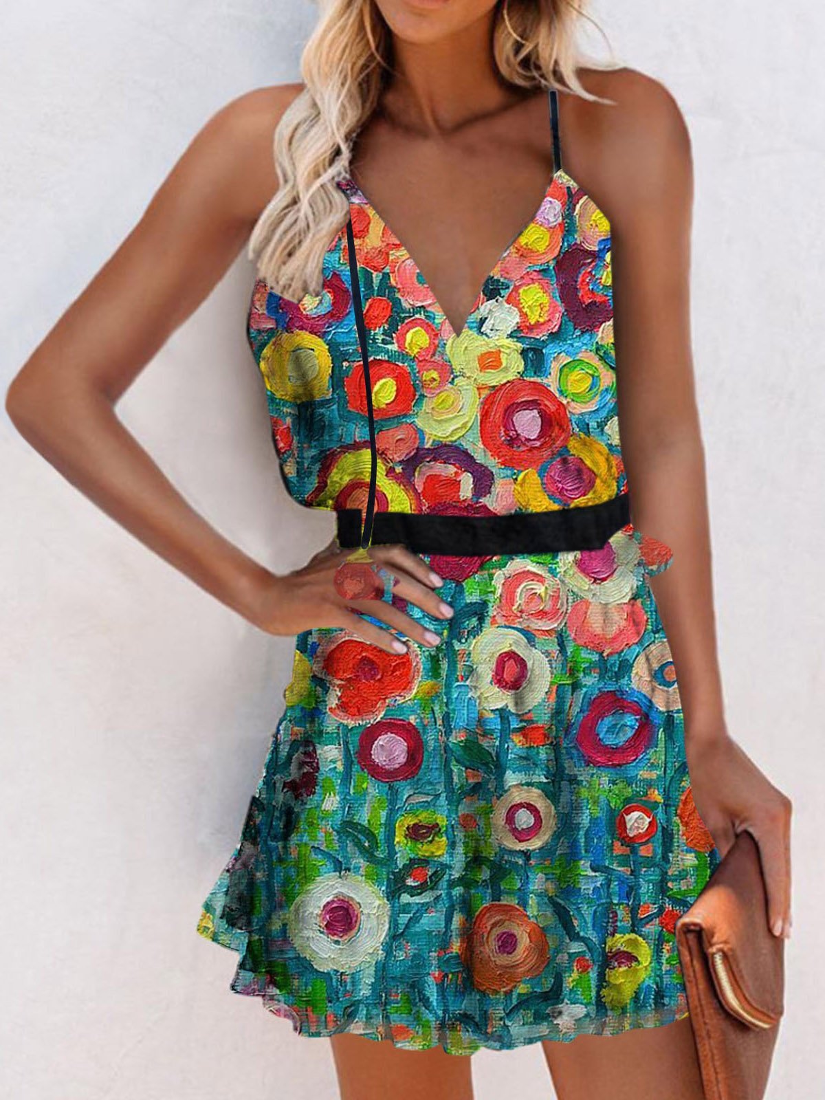 V-Neck Sleeveless Print Suspender Dress Ins Street