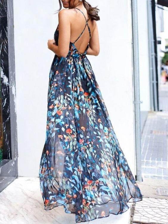 V-neck Sling Print Dress Ins Street