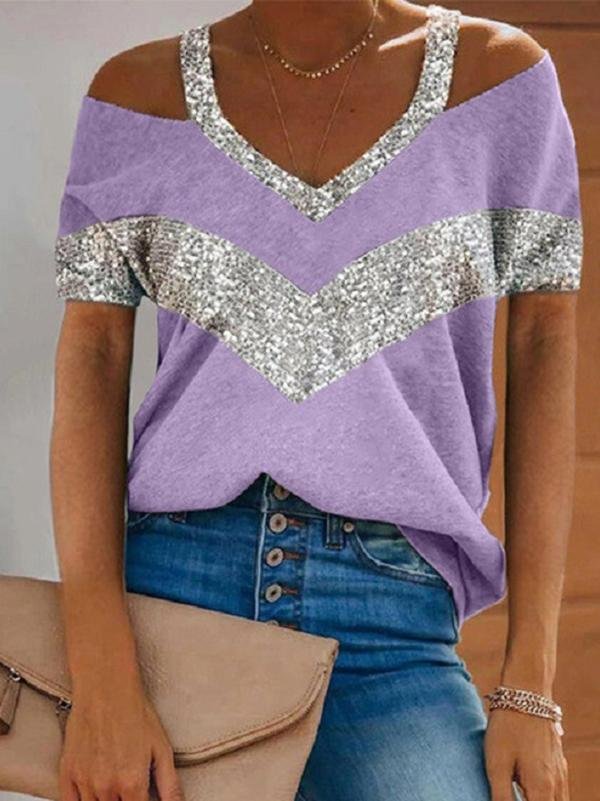 V-neck Solid Color Casual Short-sleeved Stitching Loose T-shirt Ins Street