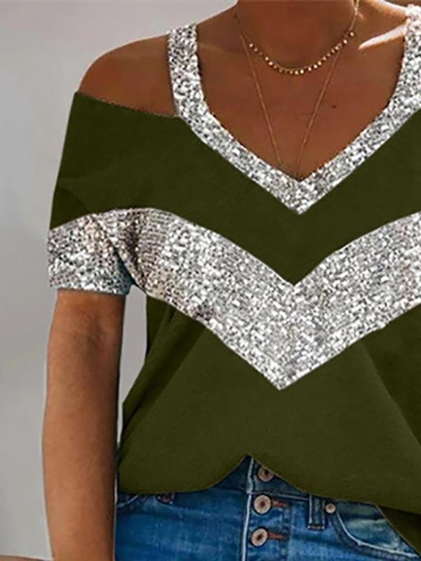 V-neck Solid Color Casual Short-sleeved Stitching Loose T-shirt Ins Street