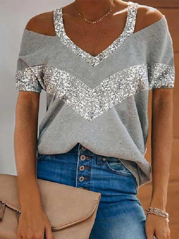 V-neck Solid Color Casual Short-sleeved Stitching Loose T-shirt Ins Street