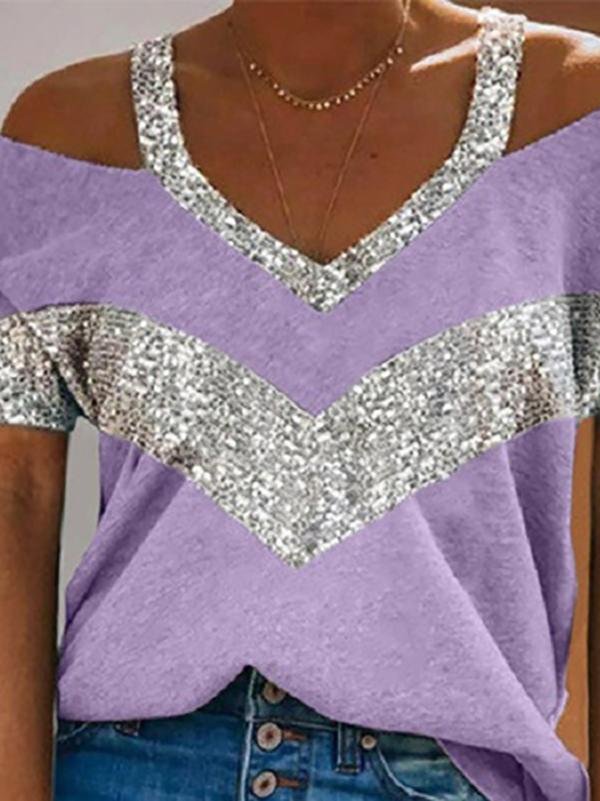 V-neck Solid Color Casual Short-sleeved Stitching Loose T-shirt Ins Street