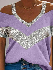 V-neck Solid Color Casual Short-sleeved Stitching Loose T-shirt Ins Street