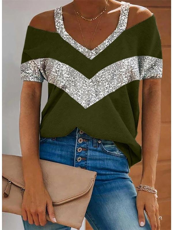 V-neck Solid Color Casual Short-sleeved Stitching Loose T-shirt Ins Street