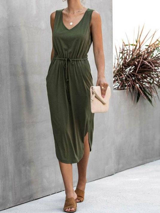 V-neck Solid Color Irregular Waist Round Neck Vest Dress Ins Street