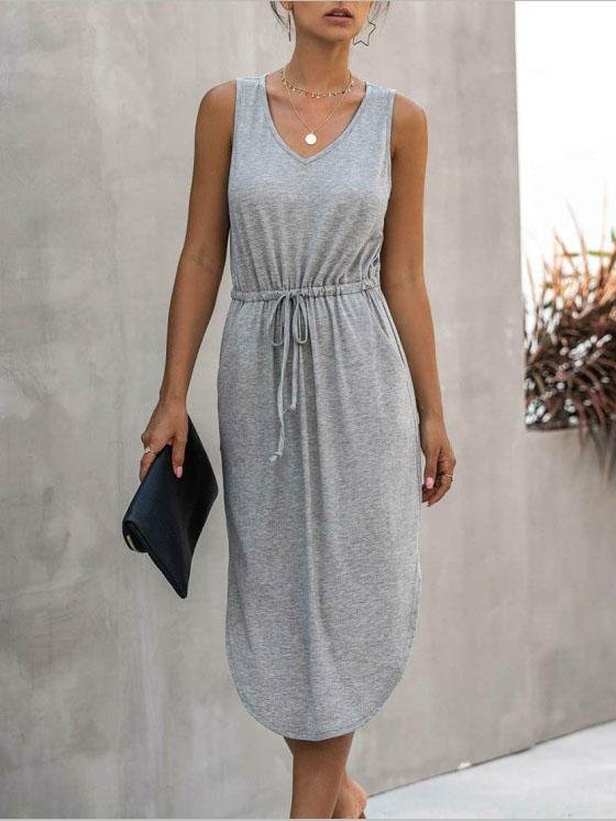 V-neck Solid Color Irregular Waist Round Neck Vest Dress Ins Street