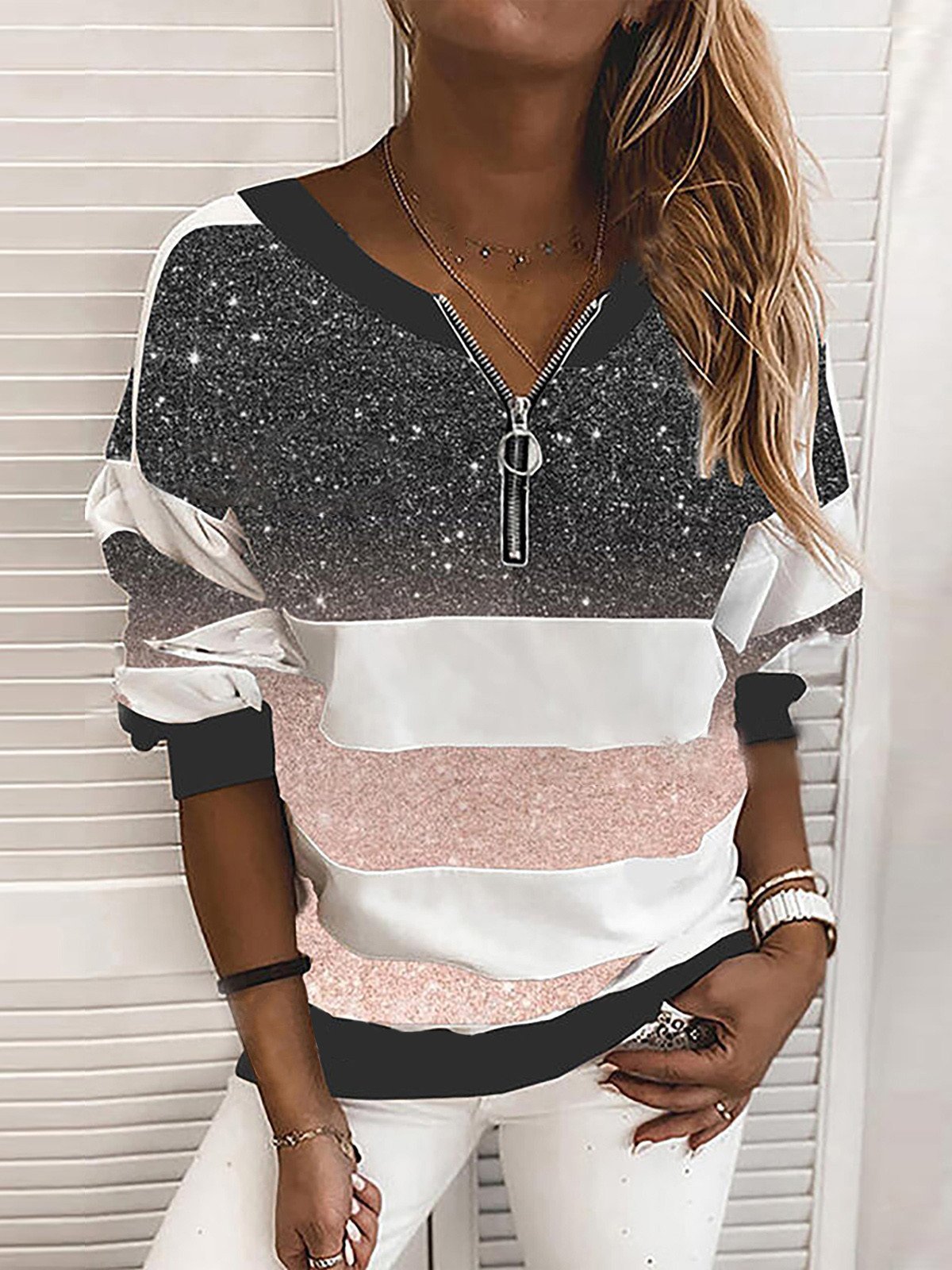 V-neck Starry Sky Print Long-sleeved Top Ins Street