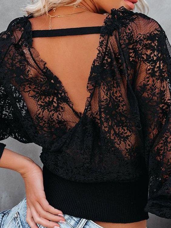 V-neck Stitching Lace Long-sleeved Top Ins Street