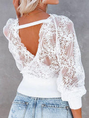 V-neck Stitching Lace Long-sleeved Top Ins Street