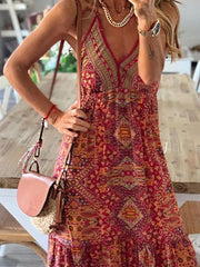 V-neck Strap Bohemian Holiday Print Dress Ins Street