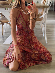 V-neck Strap Bohemian Holiday Print Dress Ins Street