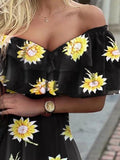 V-Neck Sunflower Print Off The Shoulder Ruffle Dress Ins Street