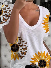 V-Neck Sunflower Print Short Sleeve T-Shirt Ins Street