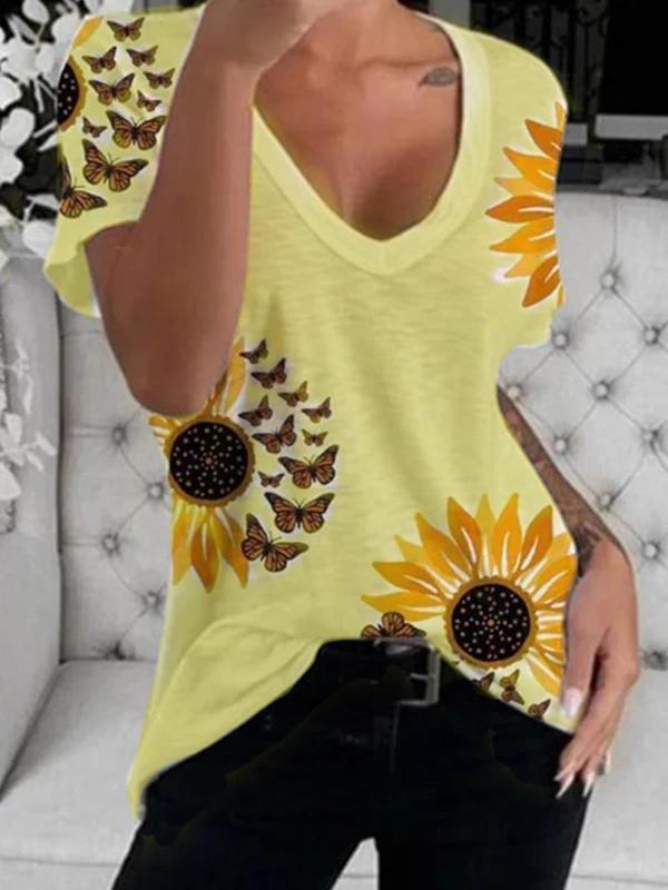 V-Neck Sunflower Print Short Sleeve T-Shirt Ins Street