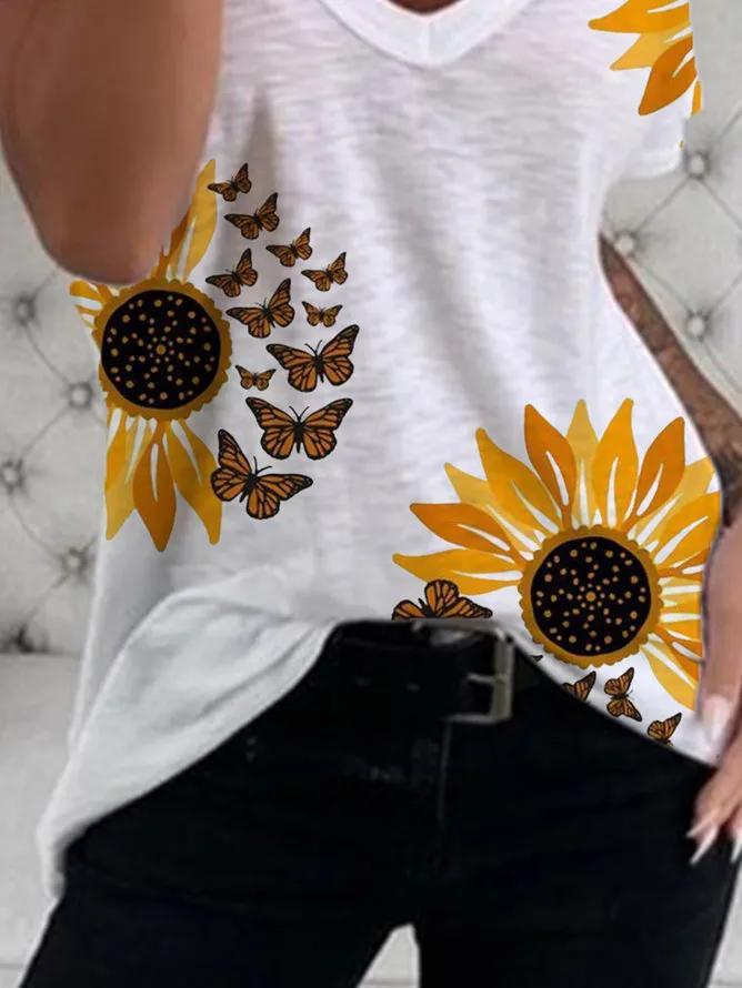 V-Neck Sunflower Print Short Sleeve T-Shirt Ins Street