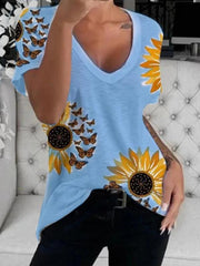 V-Neck Sunflower Print Short Sleeve T-Shirt Ins Street