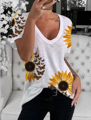 V-Neck Sunflower Print Short Sleeve T-Shirt Ins Street