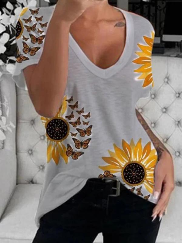 V-Neck Sunflower Print Short Sleeve T-Shirt Ins Street