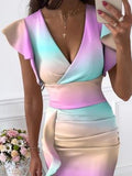 V-Neck Tie-Dye Print Ruffled Midi Dress Ins Street
