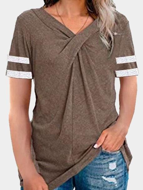 V-neck Twisted Solid Color Short Sleeve T-shirts Ins Street