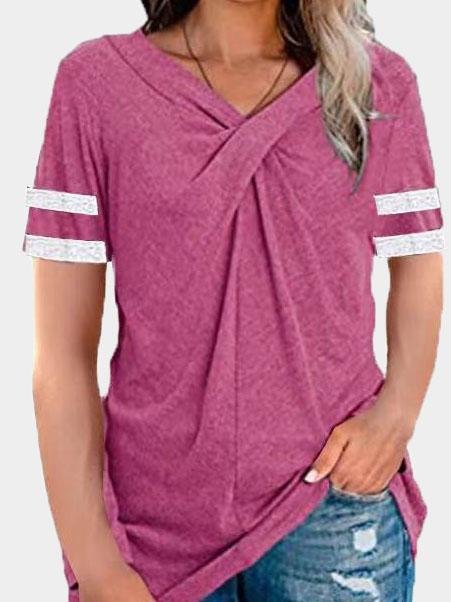 V-neck Twisted Solid Color Short Sleeve T-shirts Ins Street