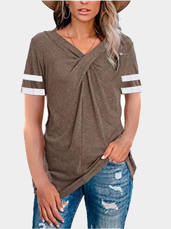 V-neck Twisted Solid Color Short Sleeve T-shirts Ins Street