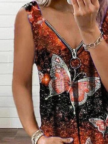 V-neck Zipper Butterfly Print Loose Tank Top Ins Street