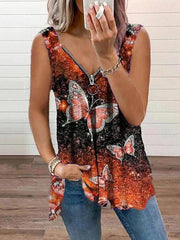 V-neck Zipper Butterfly Print Loose Tank Top Ins Street