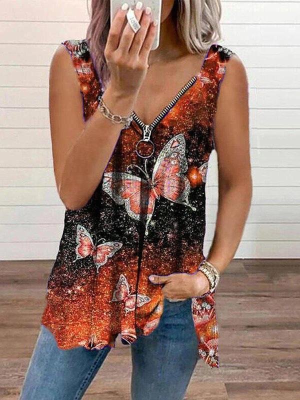 V-neck Zipper Butterfly Print Loose Tank Top Ins Street