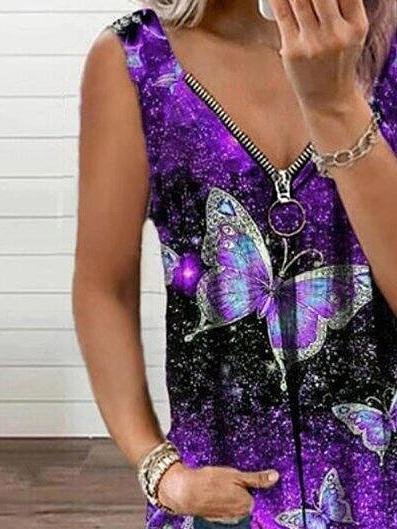 V-neck Zipper Butterfly Print Loose Tank Top Ins Street