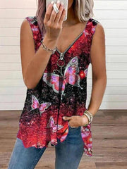 V-neck Zipper Butterfly Print Loose Tank Top Ins Street