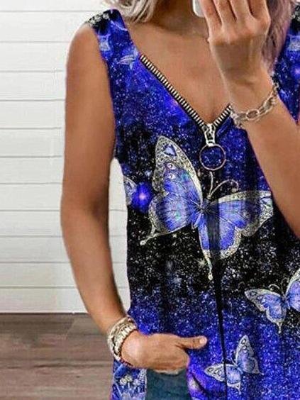 V-neck Zipper Butterfly Print Loose Tank Top Ins Street