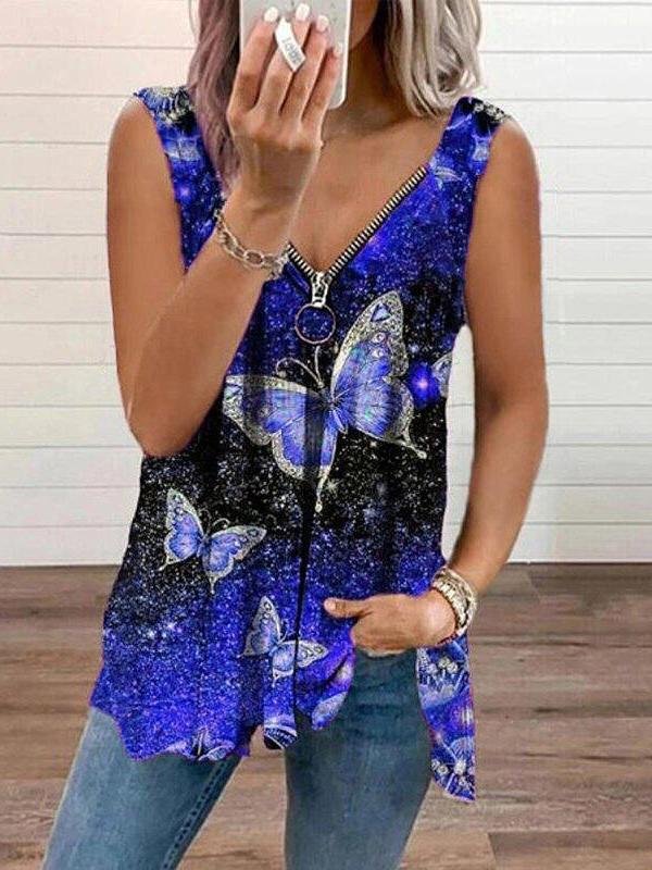 V-neck Zipper Butterfly Print Loose Tank Top Ins Street