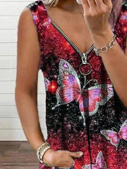 V-neck Zipper Butterfly Print Loose Tank Top Ins Street