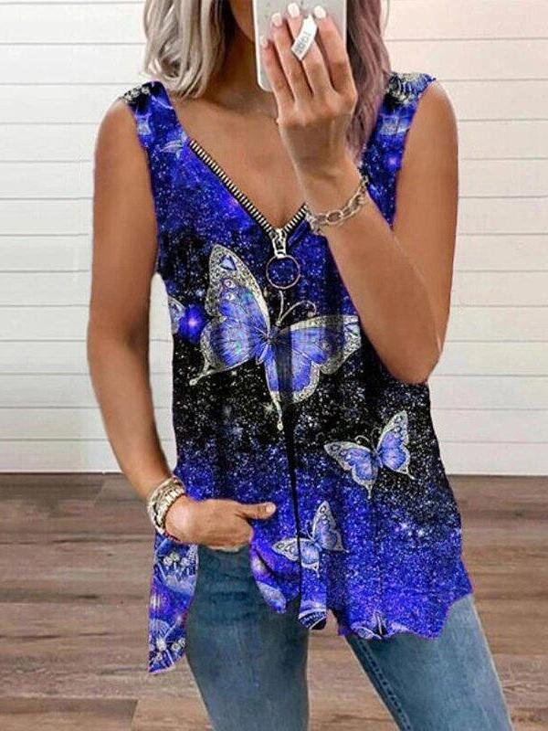 V-neck Zipper Butterfly Print Loose Tank Top Ins Street