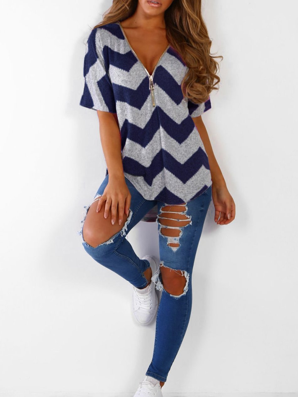 V-neck Zipper Chevron Print T-shirts Ins Street