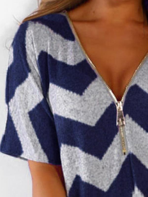 V-neck Zipper Chevron Print T-shirts Ins Street