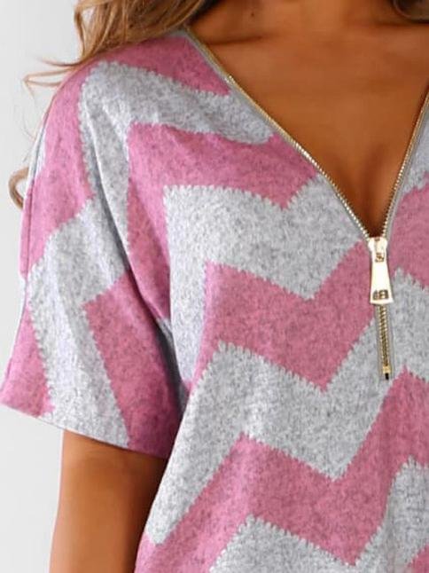 V-neck Zipper Chevron Print T-shirts Ins Street