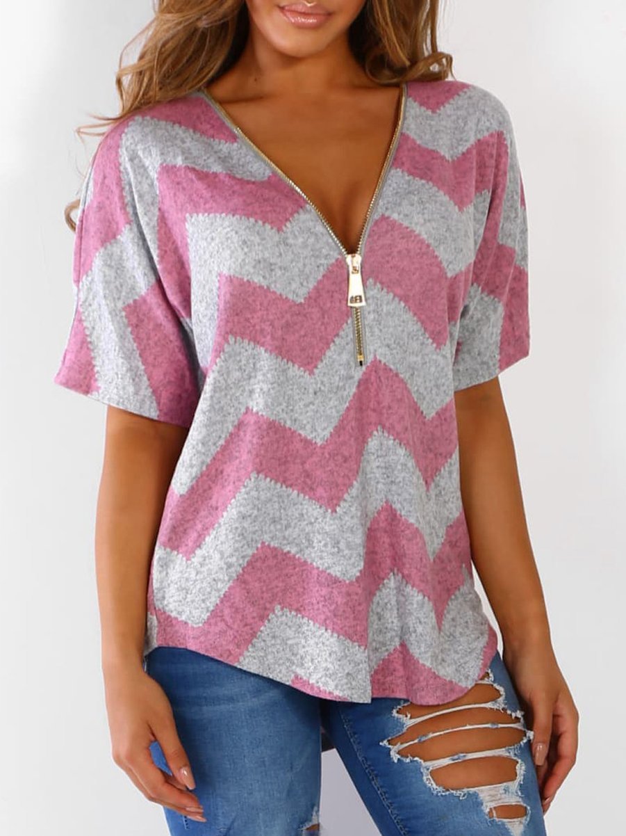 V-neck Zipper Chevron Print T-shirts Ins Street