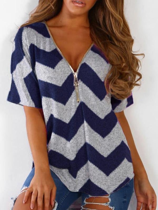 V-neck Zipper Chevron Print T-shirts Ins Street