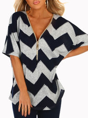 V-neck Zipper Chevron Print T-shirts Ins Street