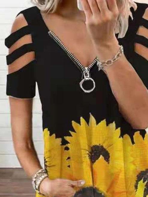 V-neck Zipper Cutout Short Sleeve Sunflower T-shirt Ins Street